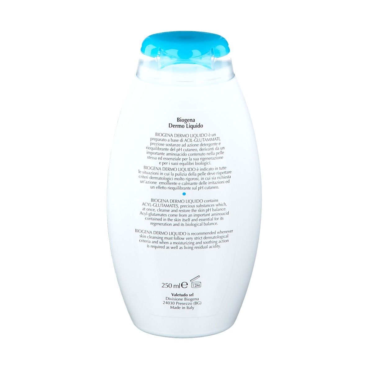 Rückseite einer weißen Flasche. Text: Biogena Dermo Liquido. Inhaltsstoffe, Anwendungshinweise. 250 ml.