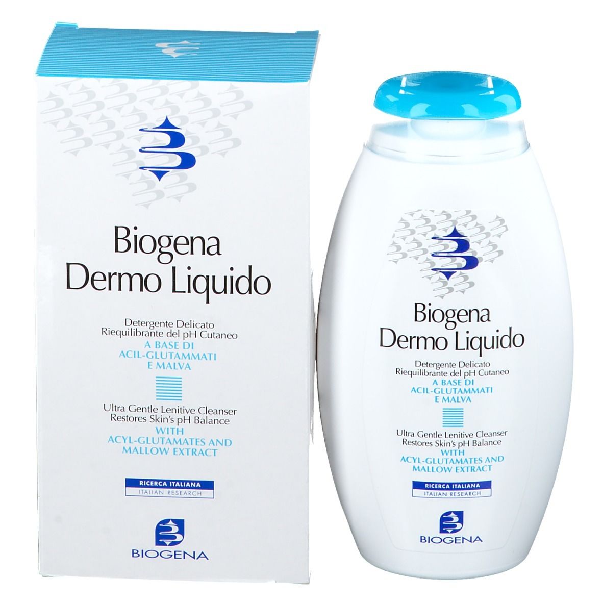Produktflasche und Verpackung. Text: Biogena Dermo Liquido. Reiniger für empfindliche Haut. Logo.
