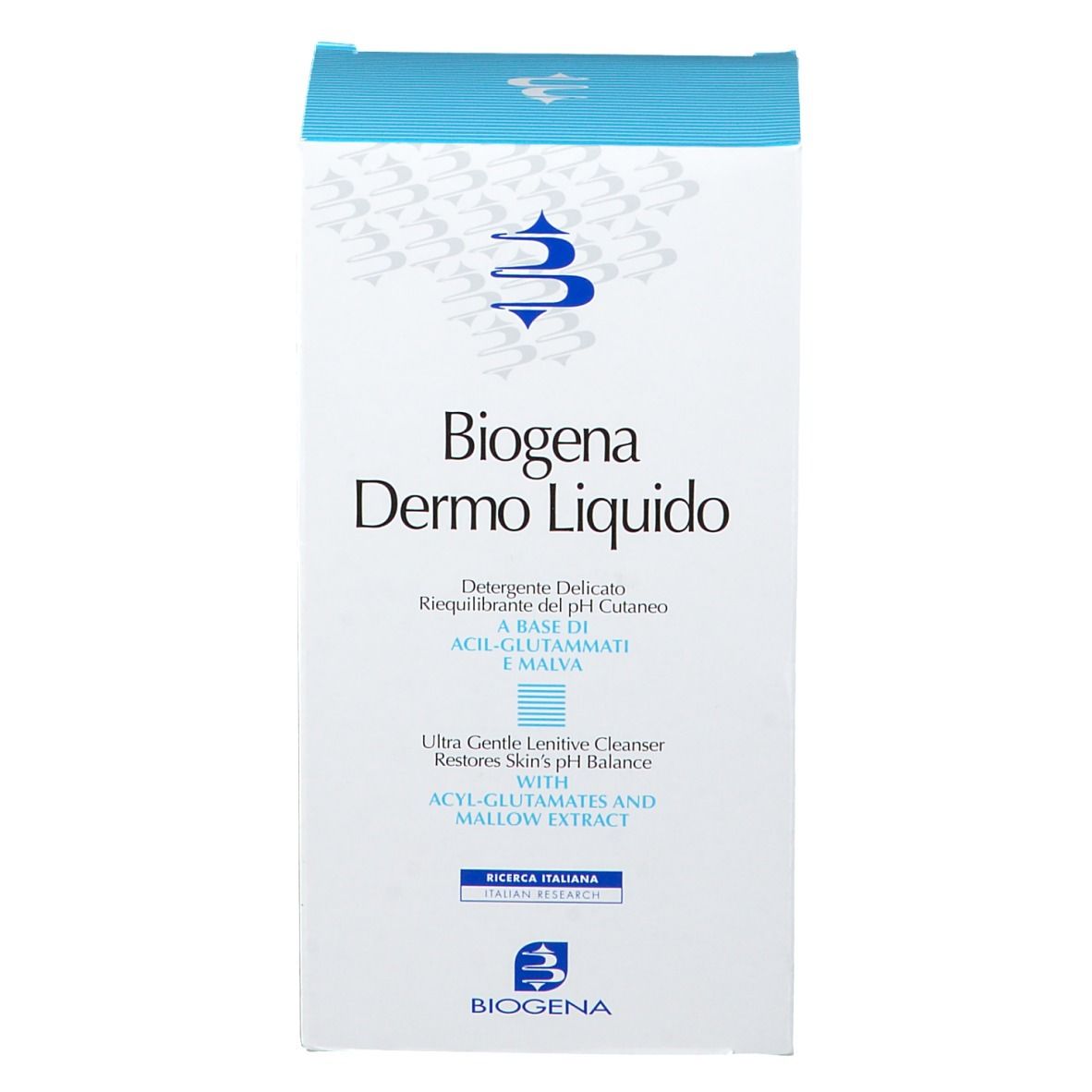 Produktverpackung. Text: Biogena Dermo Liquido. Reiniger für empfindliche Haut. Logo.