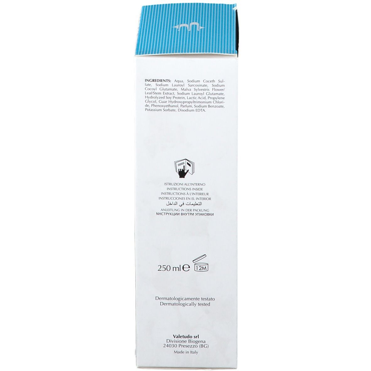Produktverpackung, Rückseite. Text: Inhaltsstoffe, Anwendungshinweise. 250 ml. Dermatologisch getestet.