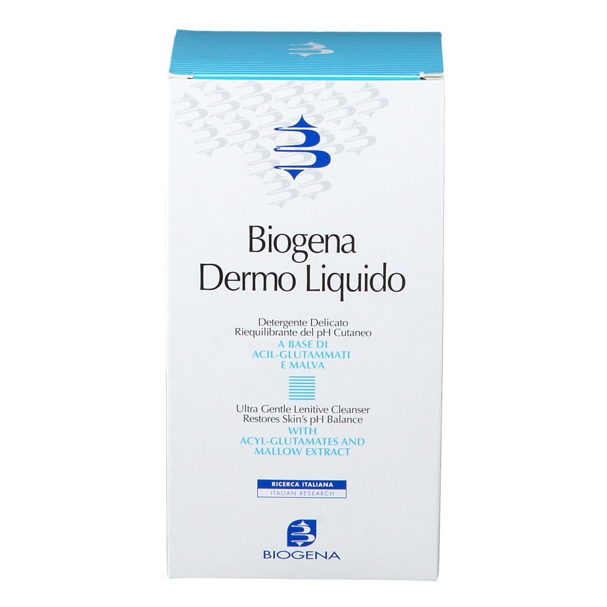 Produktverpackung. Text: Biogena Dermo Liquido. Reiniger für empfindliche Haut. Logo.