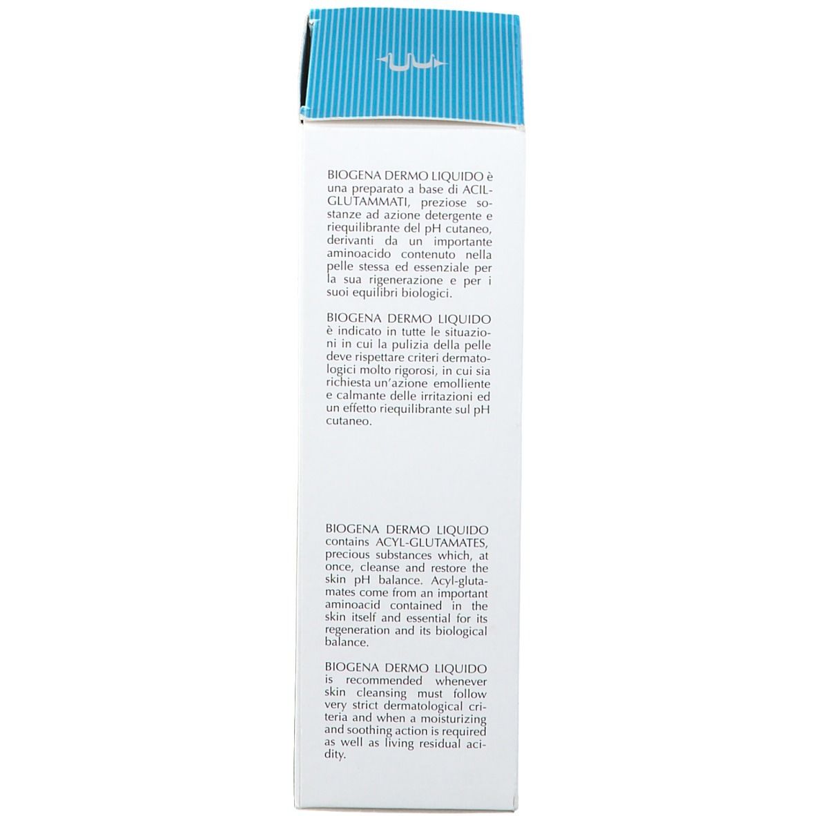 Produktverpackung, Seite. Text: Produktbeschreibung, Anwendungshinweise. Biogena Dermo Liquido.