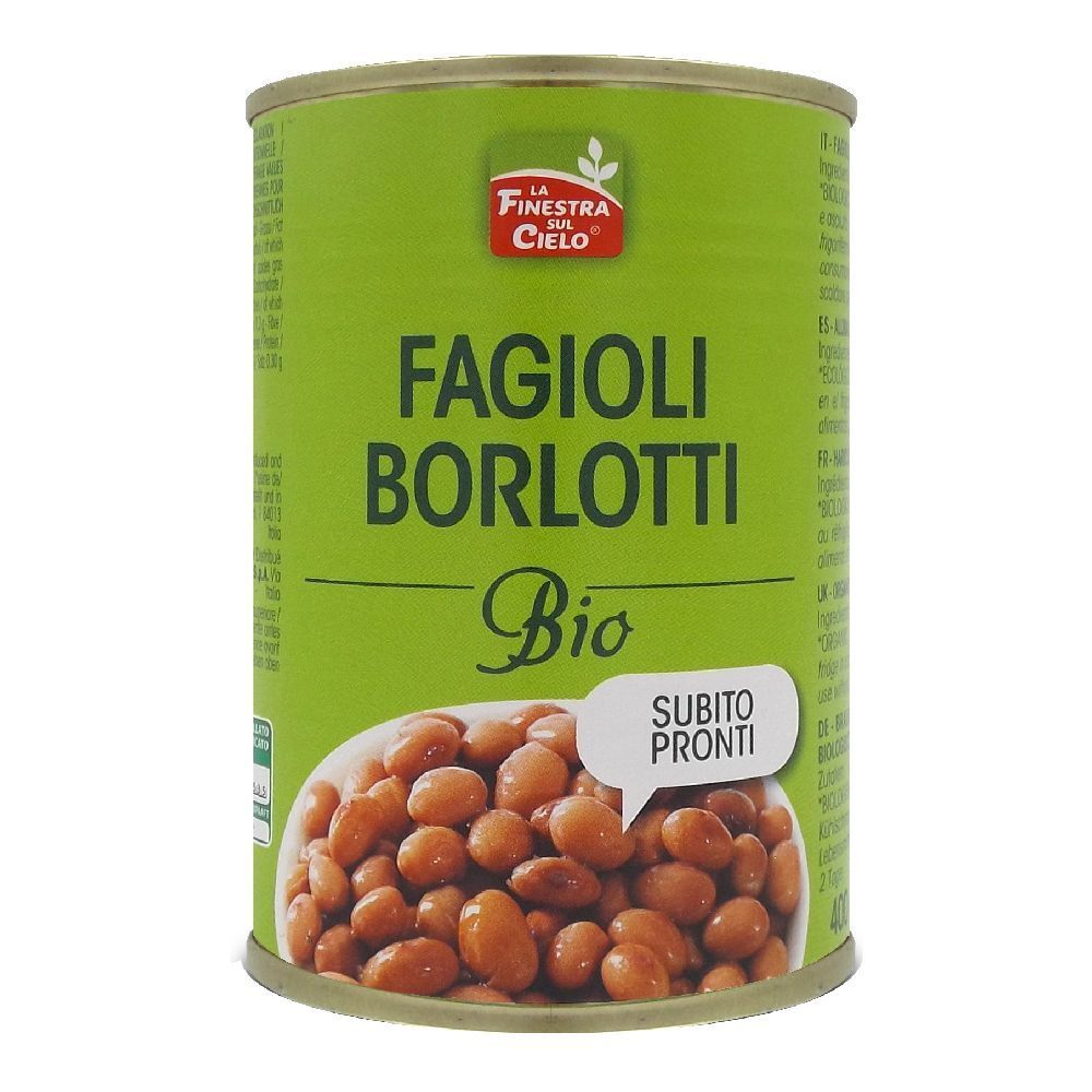 Latta verde con Fagioli Borlotti Bio. Immagine di fagioli. Testo: Subito Pronti. Marchio: La Finestra sul Cielo.