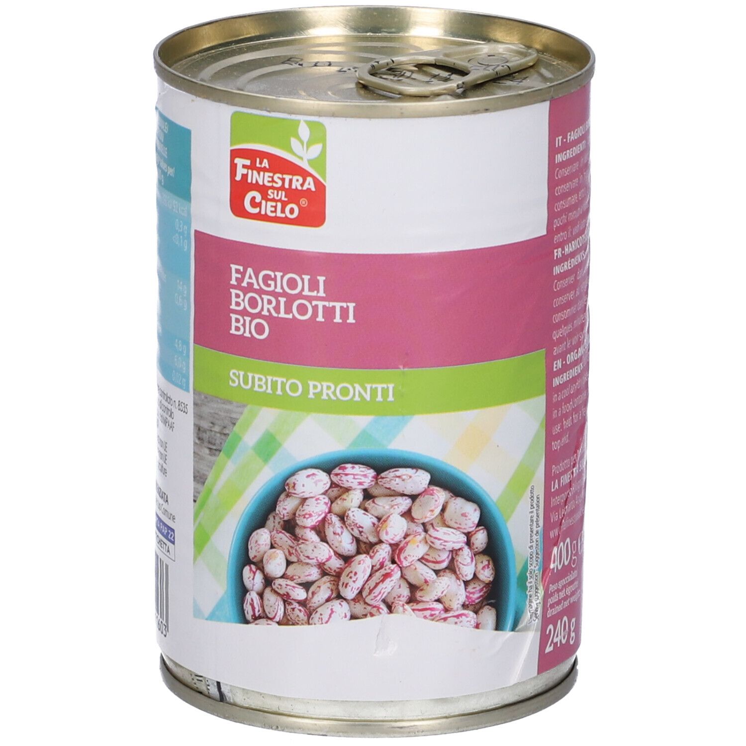 Latta con Fagioli Borlotti Bio. Sfondo rosa e bianco. Immagine di fagioli in una ciotola. Testo: Subito Pronti. Marchio: La Finestra sul Cielo.