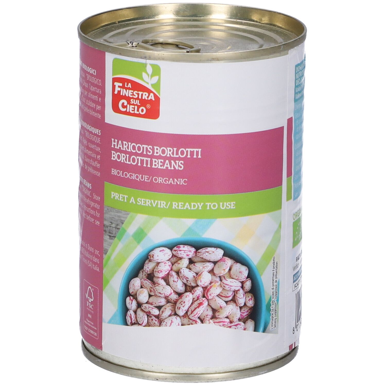Latta con Haricots borlotti beans. Testo: Biologique/Organic. Testo: Pret a servir/Ready to use. Marchio: La Finestra sul Cielo.