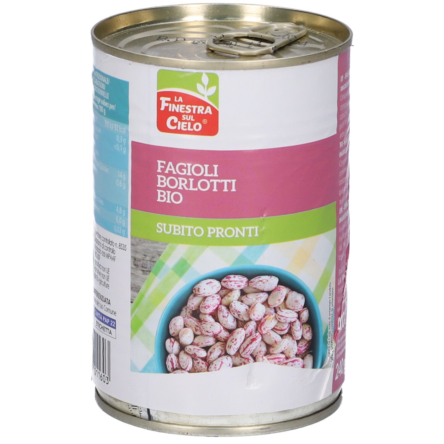Latta con Fagioli Borlotti Bio. Immagine di fagioli in una ciotola. Testo: Subito Pronti. Marchio: La Finestra sul Cielo.