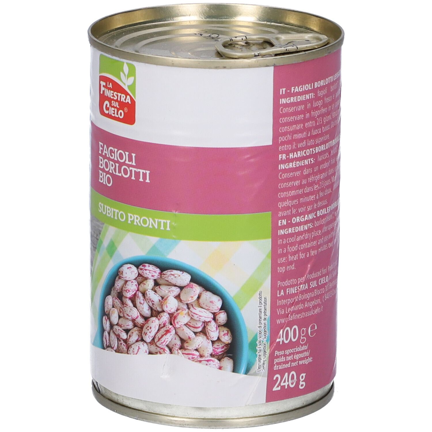 Latta con Fagioli Borlotti Bio. Testo: Subito Pronti. Testo: 400g, 240g. Marchio: La Finestra sul Cielo. Testo in italiano e francese.
