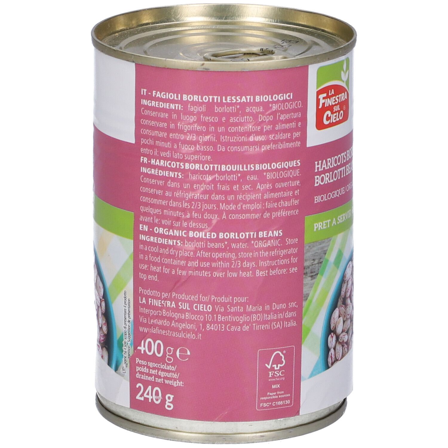 Retro della latta con testo in italiano e inglese. Testo: 400g, 240g. Marchio: La Finestra sul Cielo. Certificazione FSC.