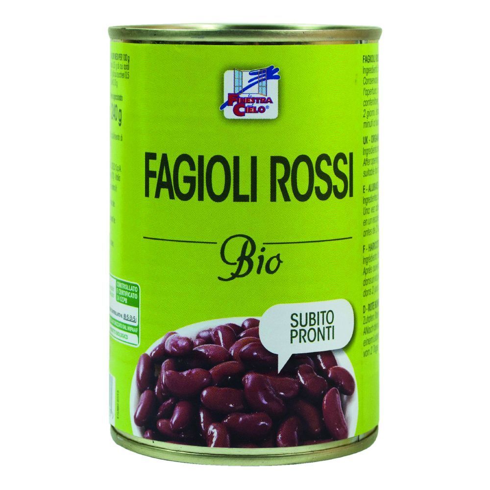Lattina verde con "Fagioli Rossi Bio". Fagioli rossi, testo "Subito Pronti". Marca: Nuestra Cielo.