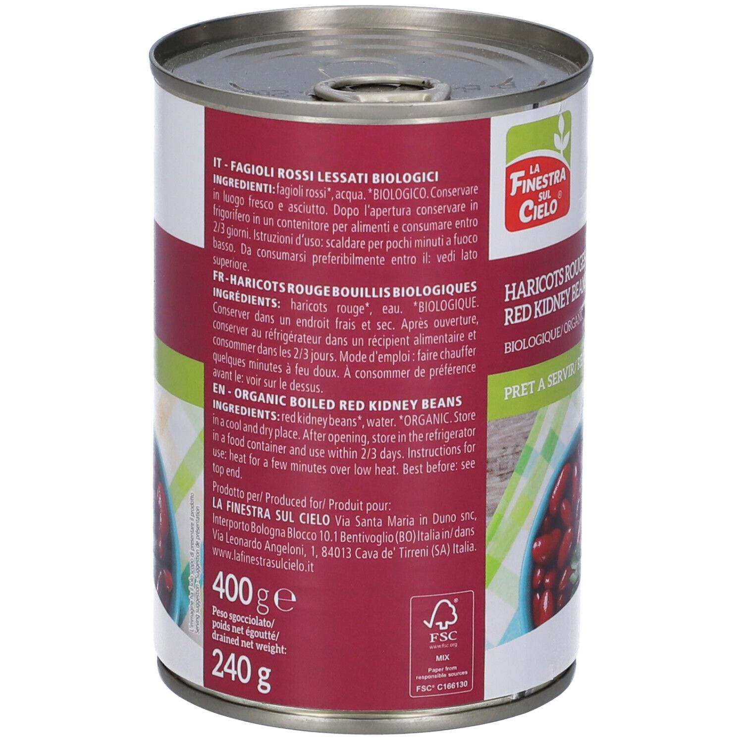 Retro della lattina. Testo in italiano, francese e inglese. 400g, 240g. Marca: La Finestra sul Cielo.