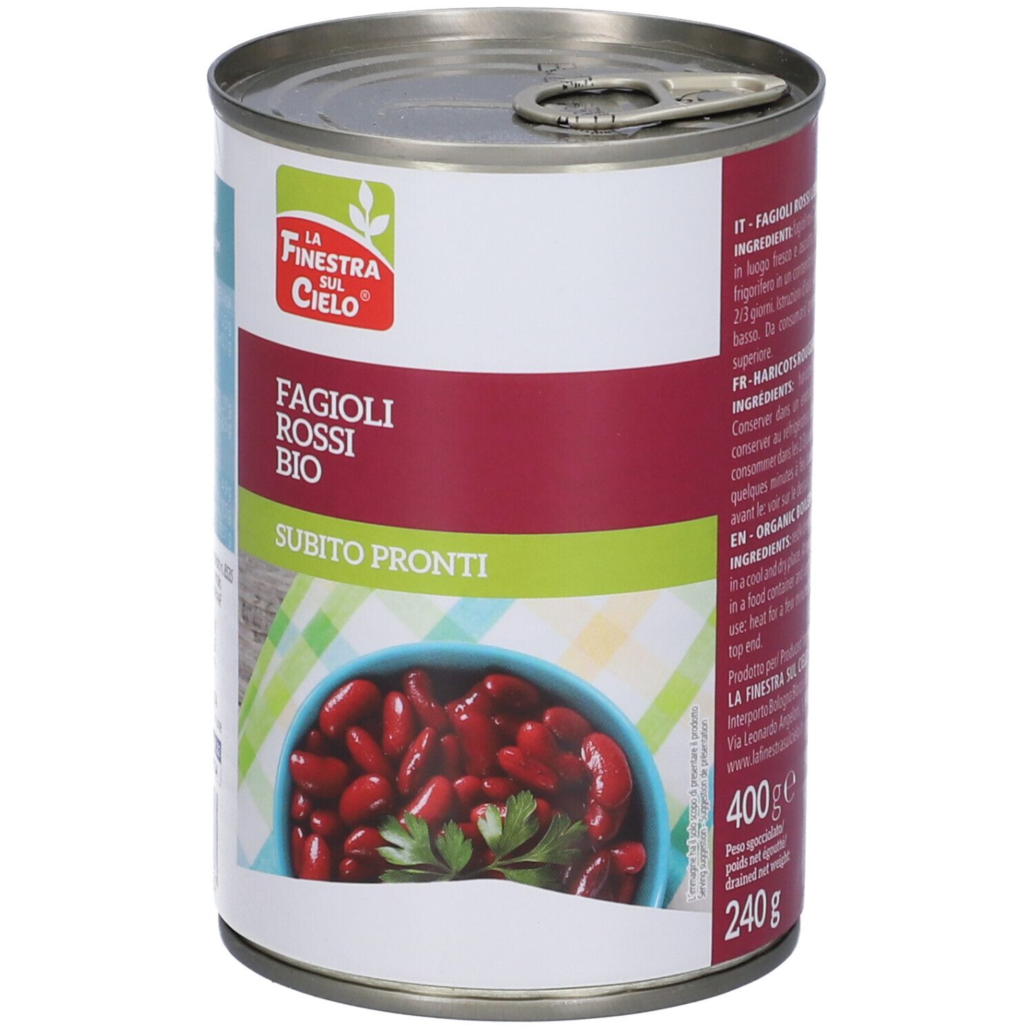 Lattina con "Fagioli Rossi Bio" e "Subito Pronti". Marca: La Finestra sul Cielo. 400g, 240g.