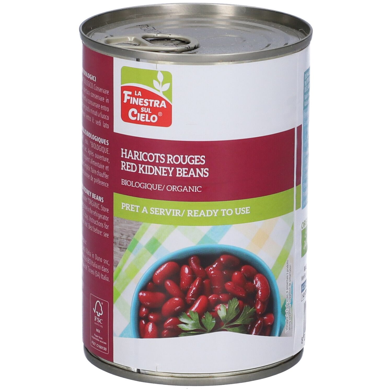 Lattina con "Haricots Rouges Red Kidney Beans". Marca: La Finestra sul Cielo. "Prêt à servir".