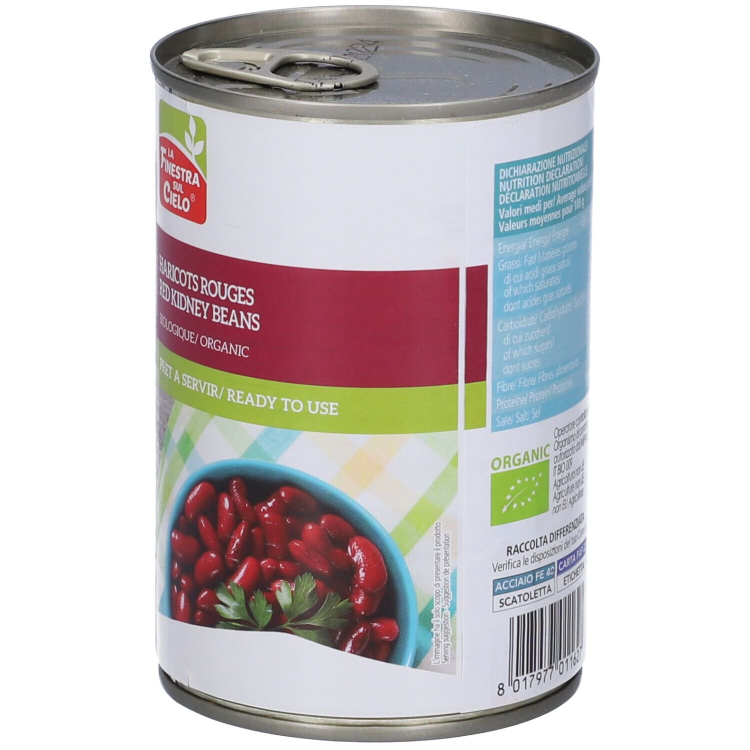 Lattina con "Haricots Rouges Red Kidney Beans". Marca: La Finestra sul Cielo. Sigillo bio. Valori nutrizionali.