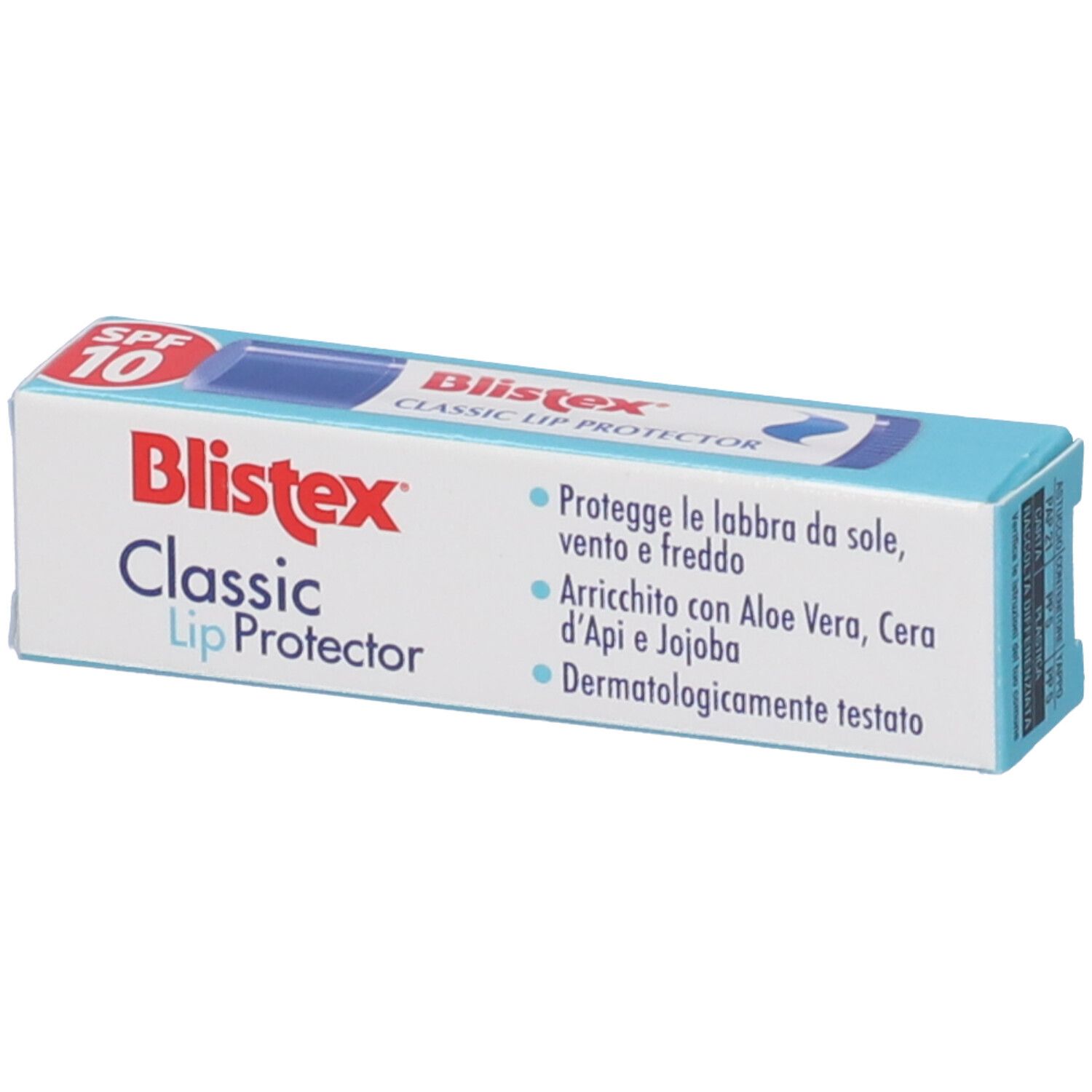 Blistex Classic Lip Protector-Verpackung. Weiß-blaues Rechteck mit Produktnamen und SPF 10. Italienische Text auf der Seite.