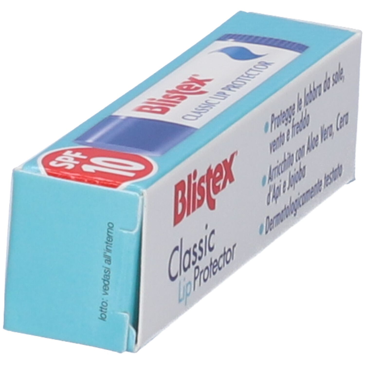 Blistex Classic Lip Protector-Verpackung, schräg. Weiß-blaues Rechteck mit Produktnamen und SPF 10. Italienische Text.