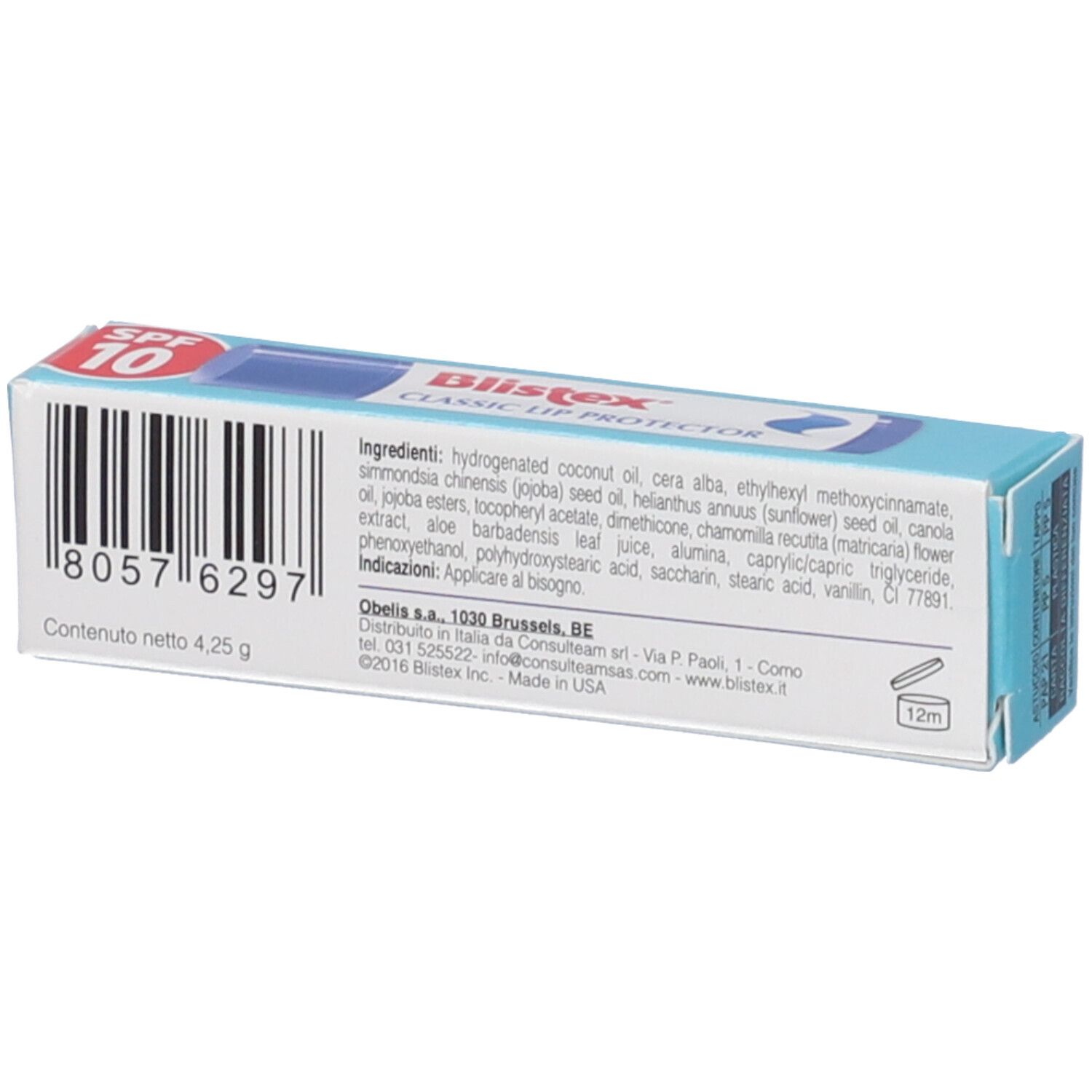 Rückseite der Blistex Classic Lip Protector-Verpackung. Barcode, Inhaltsstoffe und Nettogewicht 4,25 g. Italienischer Text.