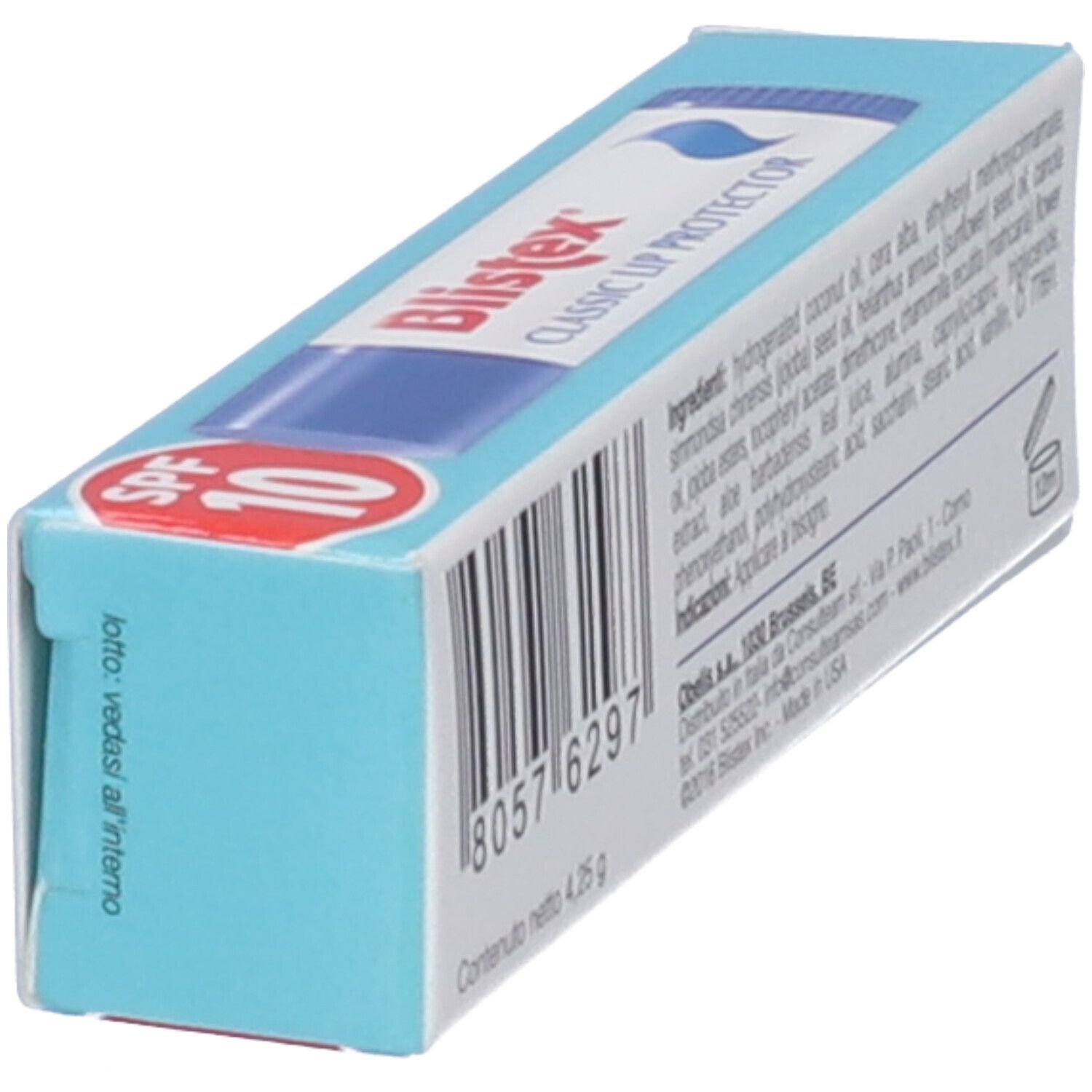 Blistex Classic Lip Protector-Verpackung, schräg. Barcode, Inhaltsstoffe und Nettogewicht 4,25 g. Italienischer Text.