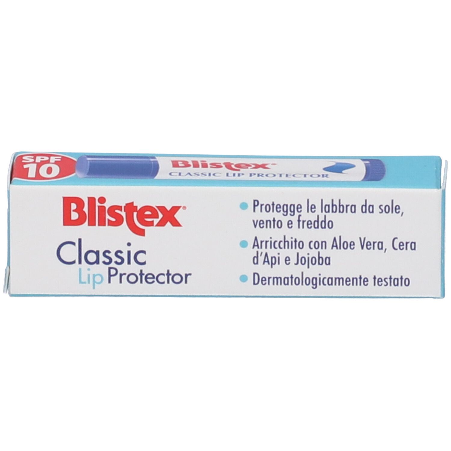 Blistex Classic Lip Protector-Verpackung. Weiß-blaues Rechteck mit Produktnamen und SPF 10. Italienische Text.
