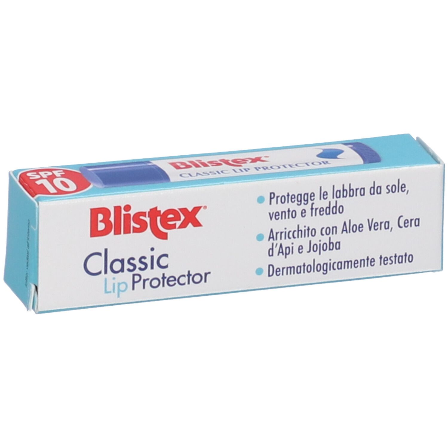 Blistex Classic Lip Protector-Verpackung. Weiß-blaues Rechteck mit Produktnamen und SPF 10. Italienische Text.
