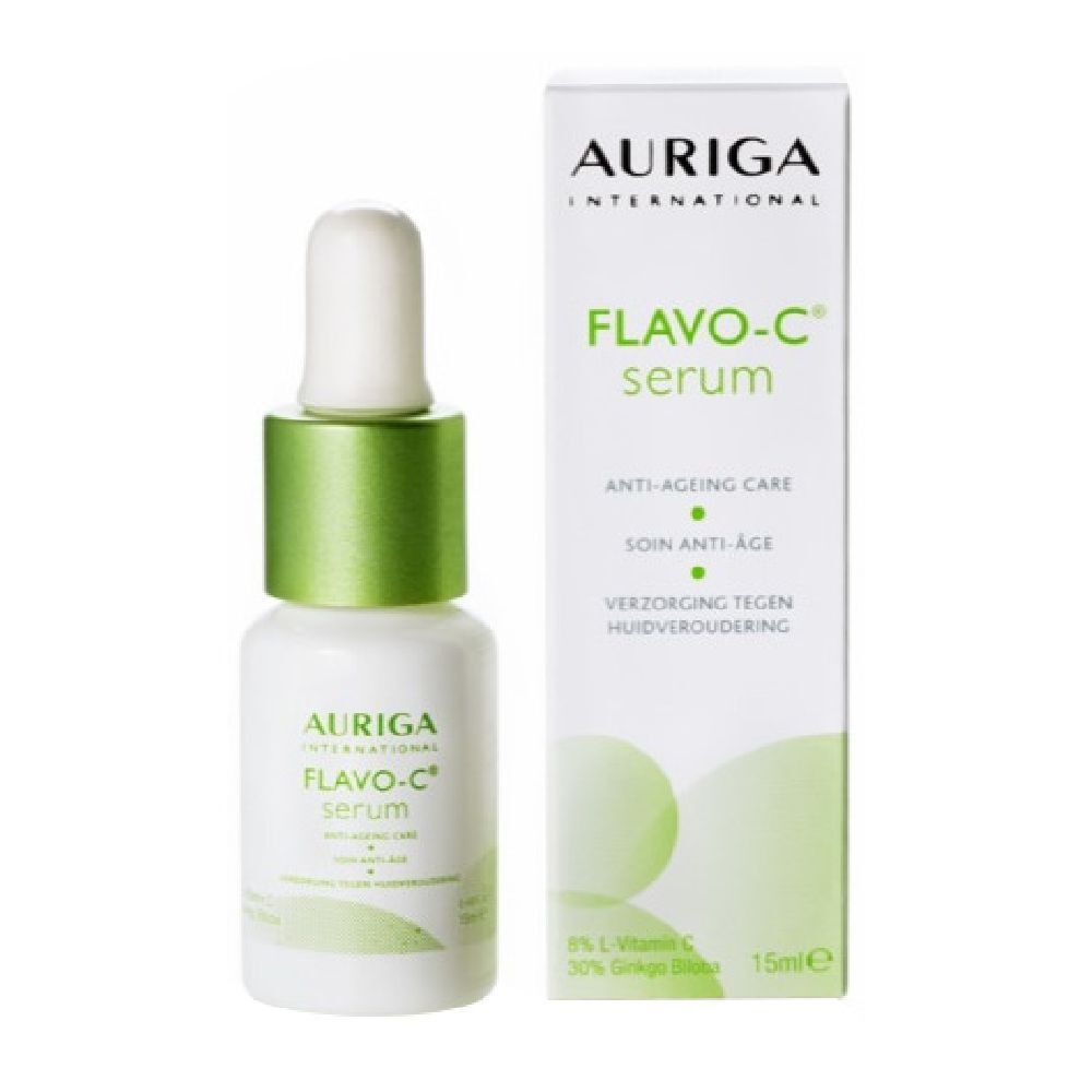 Flacone bianco con tappo verde e pipetta, accanto a una scatola. Entrambi riportano "AURIGA" e "FLAVO-C serum".
