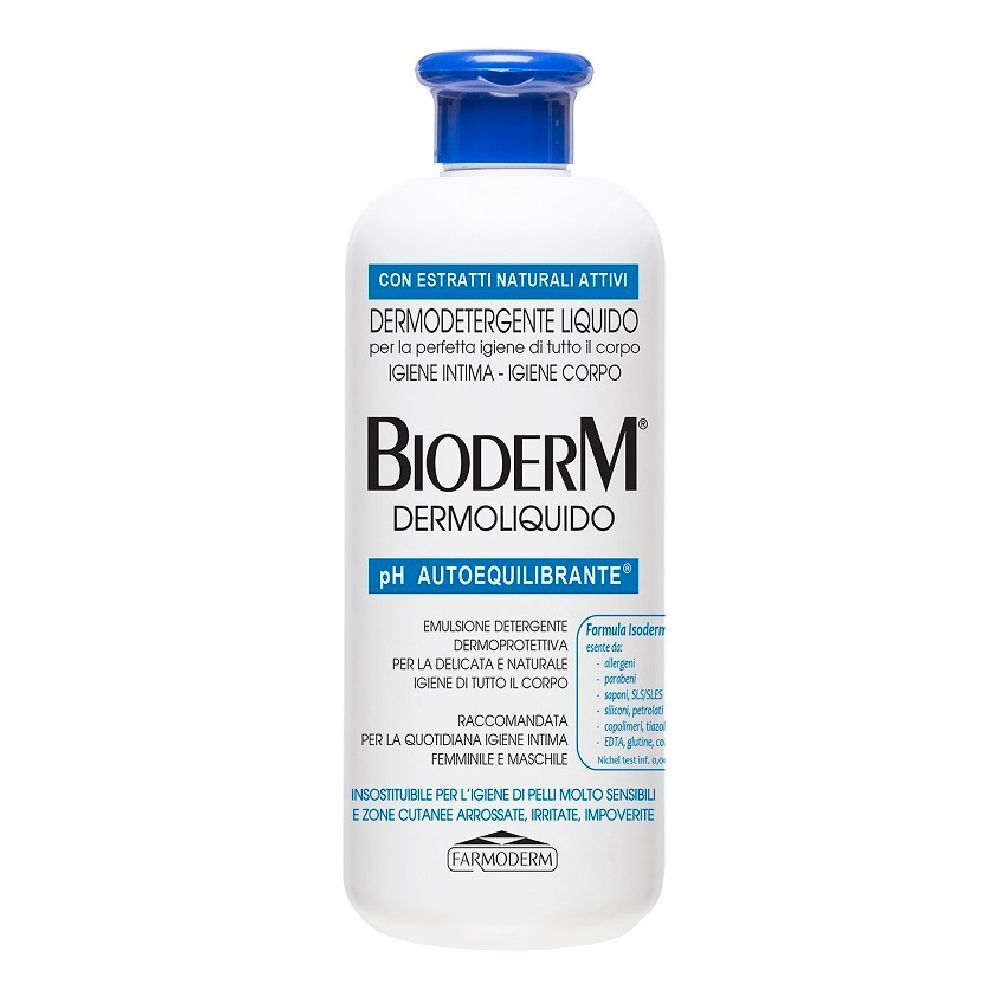 Flacone bianco con tappo blu. Scritta: Bioderm Dermoliquido pH Autoequilibrante. Testo in italiano.