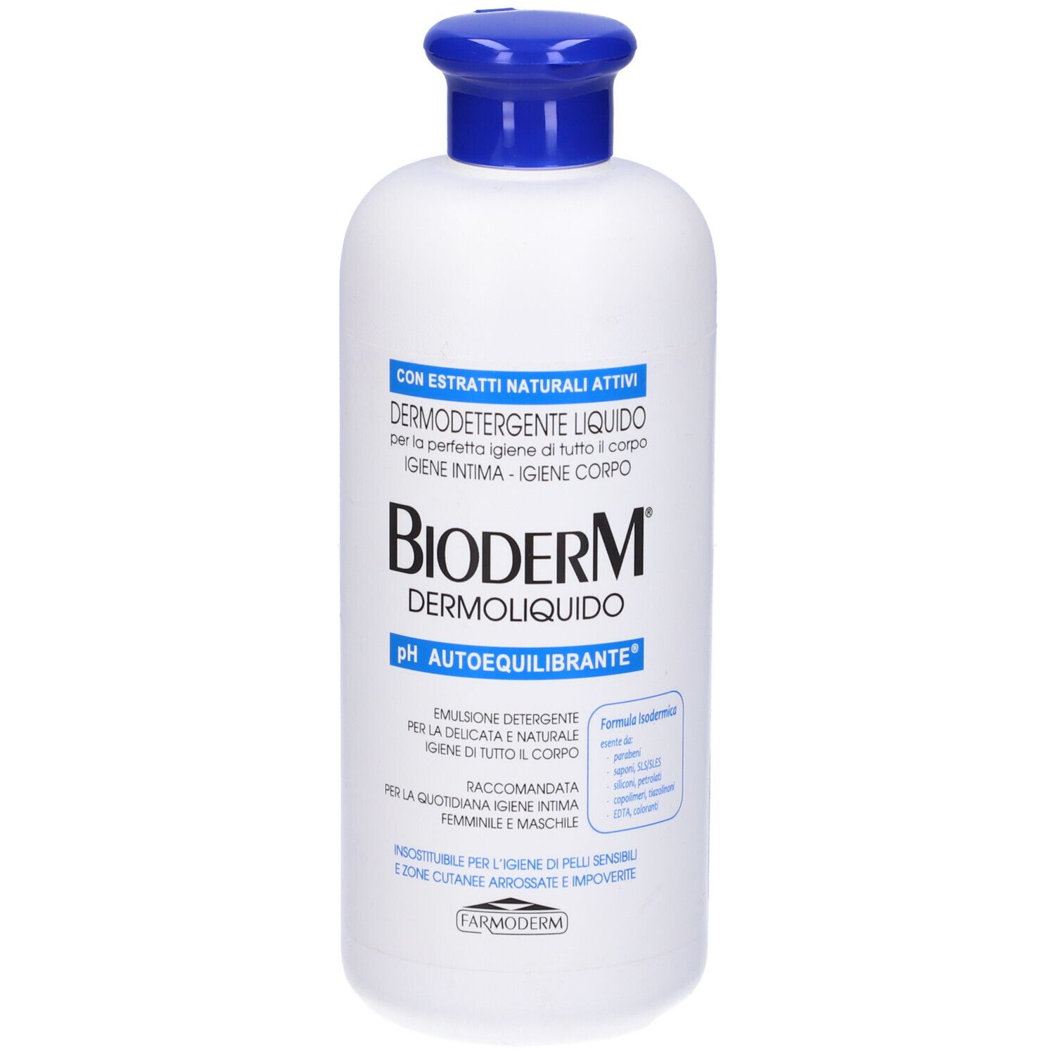 Flacone bianco con tappo blu. Scritta: Bioderm Dermoliquido pH Autoequilibrante. Testo in italiano.