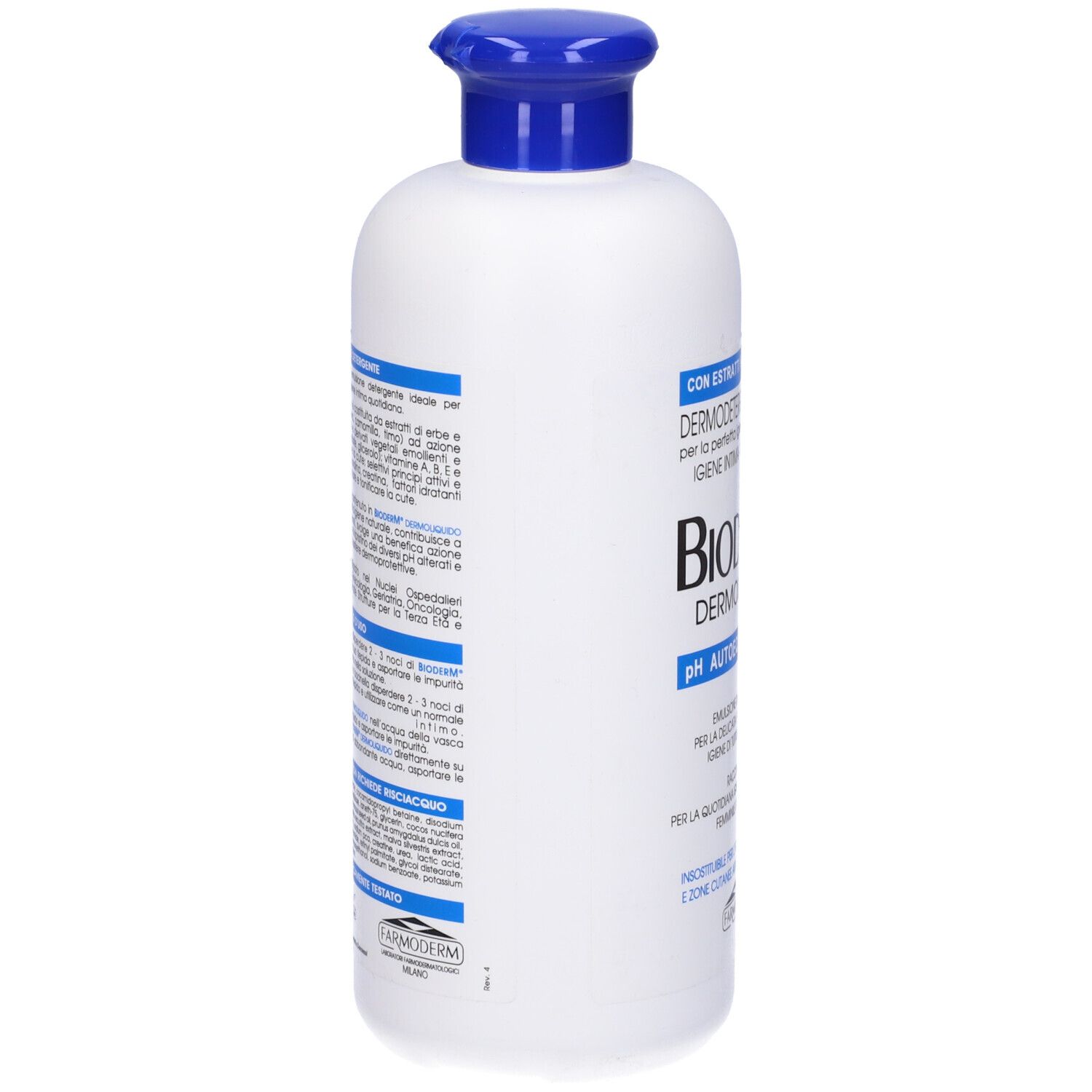 Flacone bianco con tappo blu. Scritta: Bioderm Dermoliquido pH Autoequilibrante. Testo in italiano.