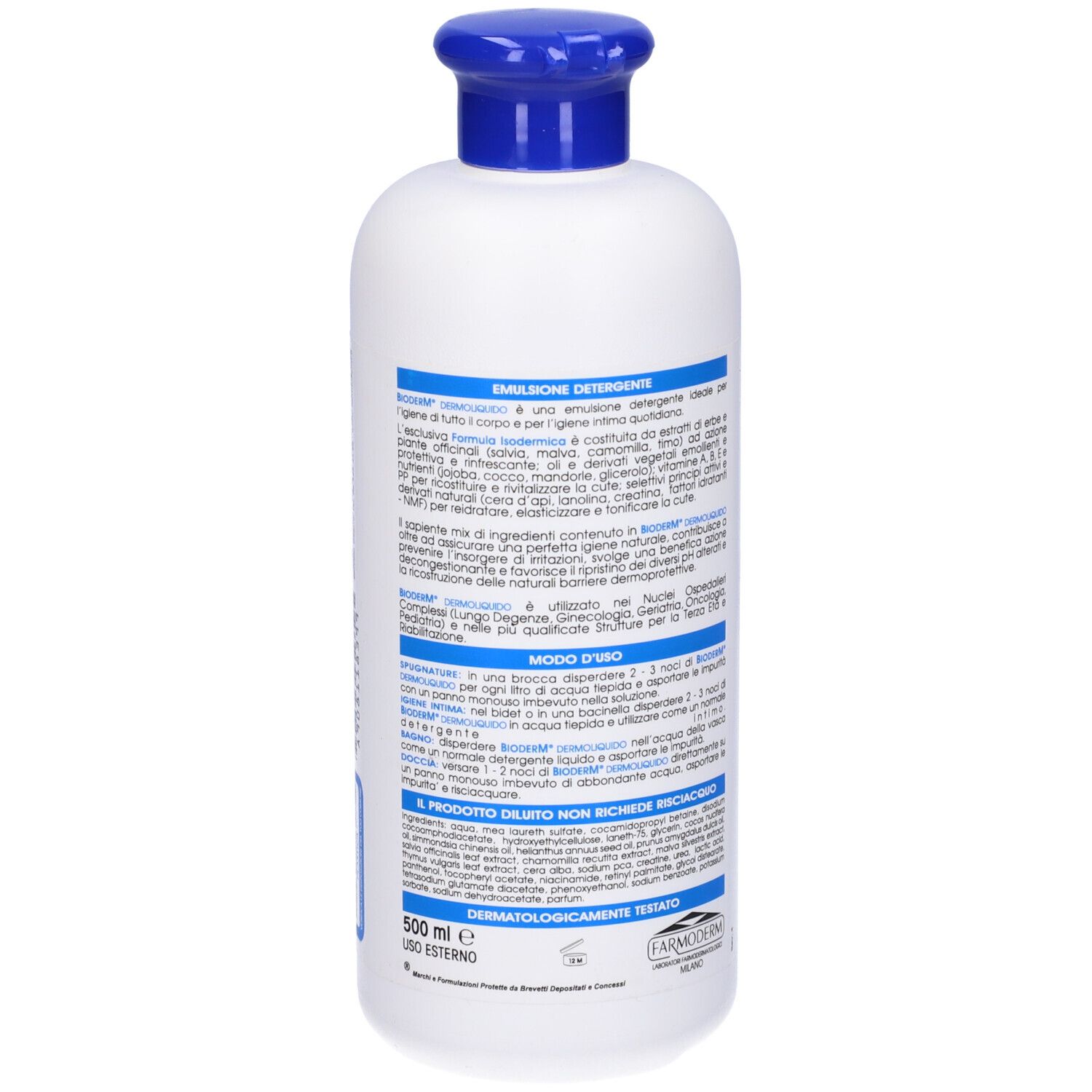 Flacone bianco con tappo blu. Scritta: Bioderm Dermoliquido pH Autoequilibrante. Testo in italiano.