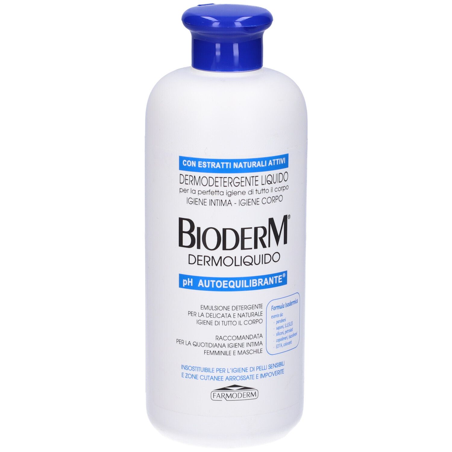 Flacone bianco con tappo blu. Scritta: Bioderm Dermoliquido pH Autoequilibrante. Testo in italiano.