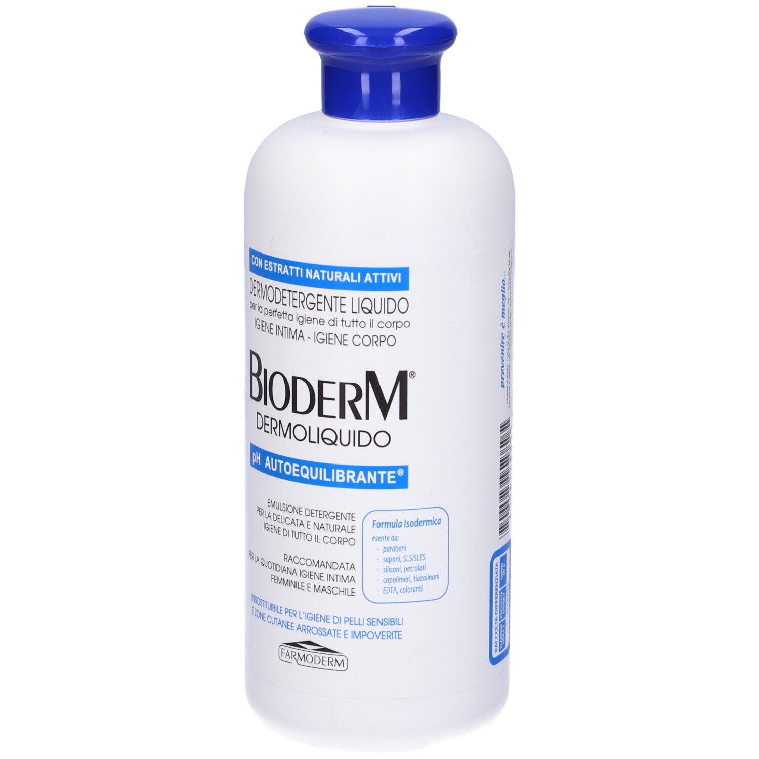 Flacone bianco con tappo blu. Scritta: Bioderm Dermoliquido pH Autoequilibrante. Testo in italiano.