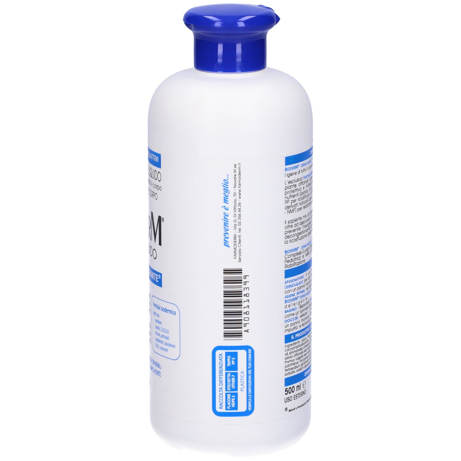 Flacone bianco con tappo blu. Scritta: Bioderm Dermoliquido pH Autoequilibrante. Testo in italiano.