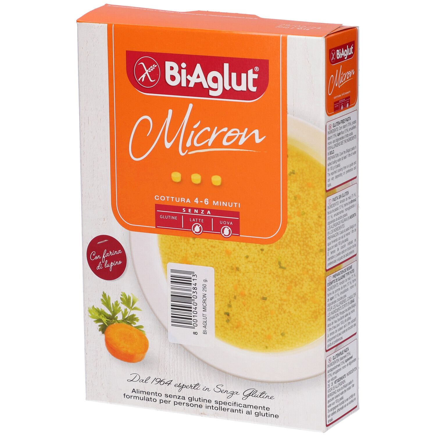Confezione Biaglut Micron. Sfondo arancione con nome prodotto e immagine zuppa. Contiene informazioni sulla cottura.