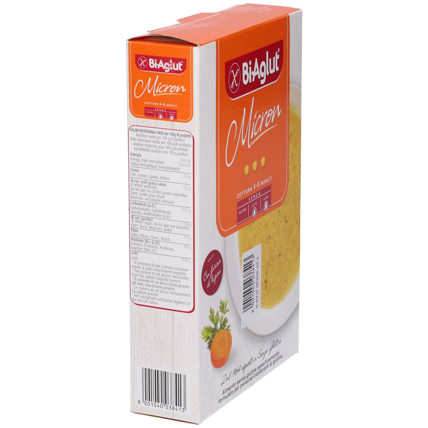 Confezione Biaglut Micron, vista laterale. Sfondo arancione con nome prodotto e immagine zuppa. Contiene testo e codice a barre.
