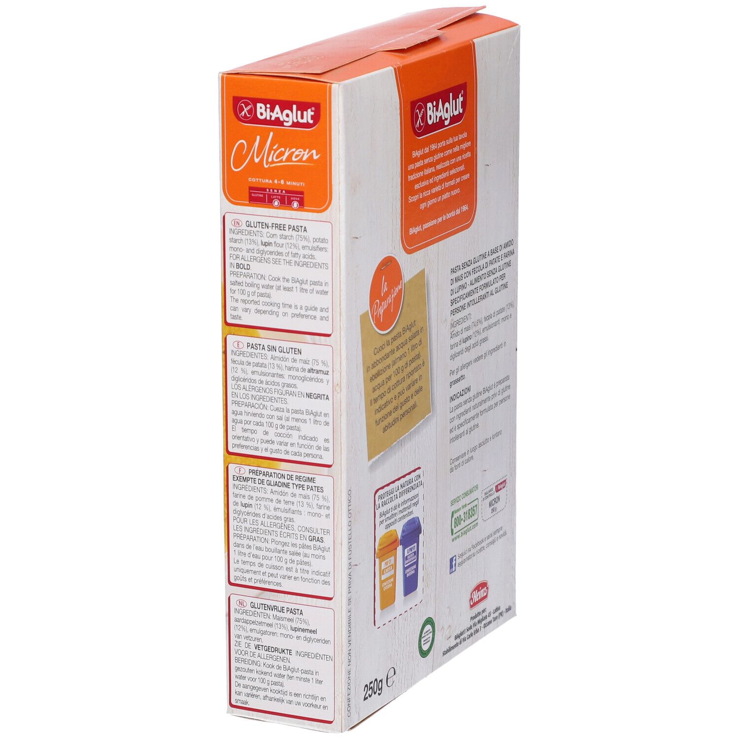 Vista laterale della confezione Biaglut Micron. Contiene testo sul prodotto, ingredienti e informazioni nutrizionali. Con logo.