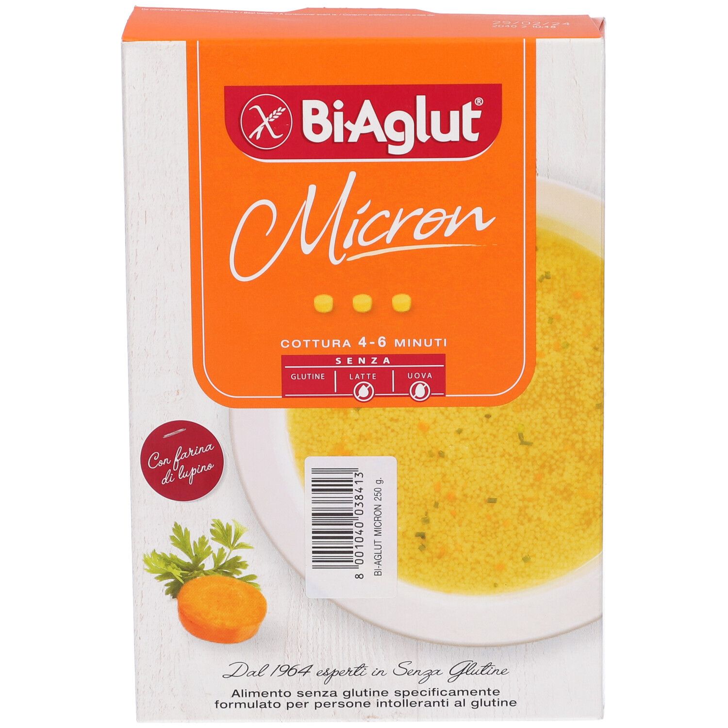 Confezione Biaglut Micron. Sfondo arancione con nome prodotto e immagine zuppa. Contiene informazioni sulla cottura.