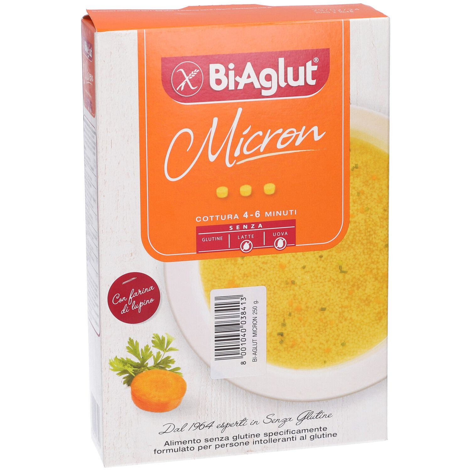 Confezione Biaglut Micron. Sfondo arancione con nome prodotto e immagine zuppa. Contiene codice a barre.
