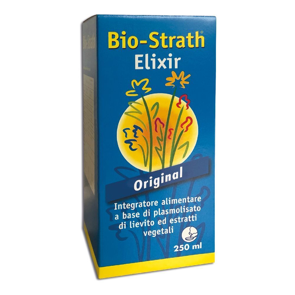 Confezione blu e gialla di Bio-Strath Elixir. Scritta: Original, 250 ml. Illustrazione di fiori.
