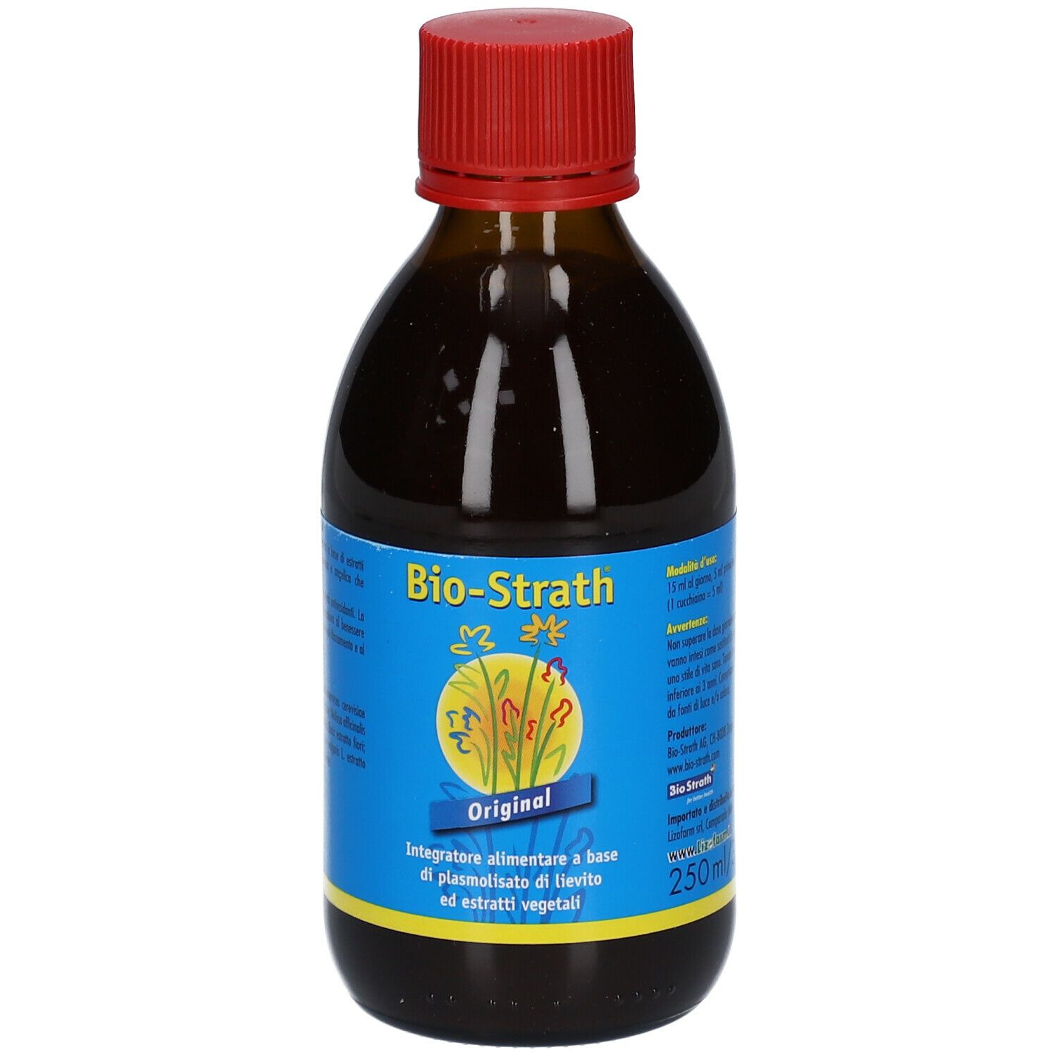Bottiglia di vetro marrone con tappo rosso. Etichetta Bio-Strath, Original, 250 ml. Liquido visibile.