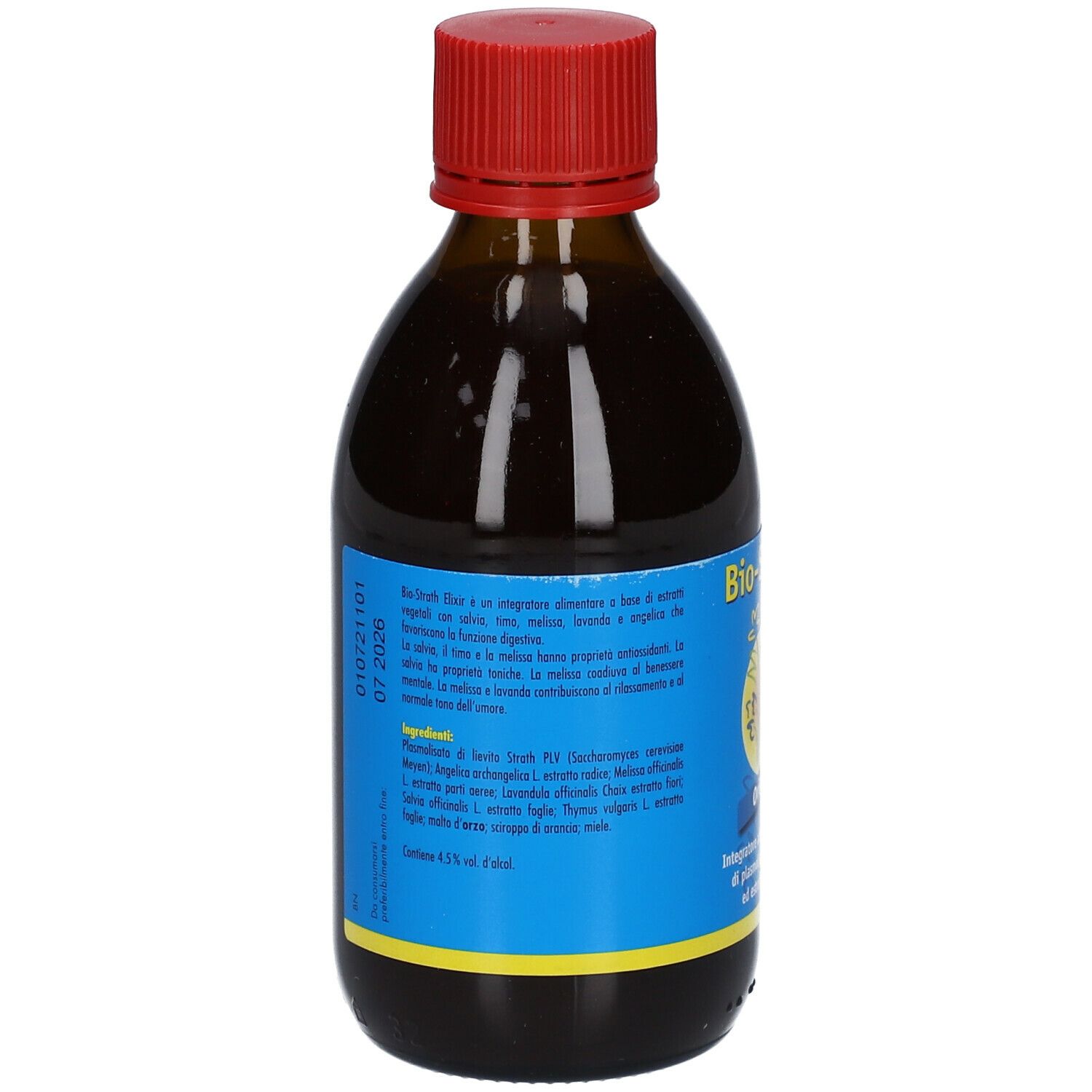 Bottiglia di vetro marrone con tappo rosso. Etichetta con informazioni sul prodotto. Liquido visibile.