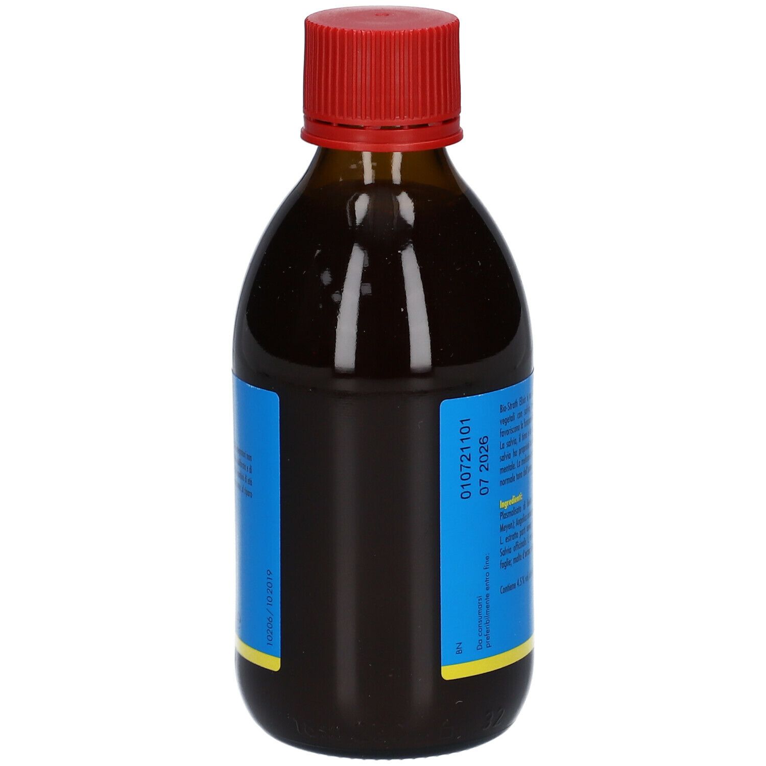 Bottiglia di vetro marrone con tappo rosso. Etichetta con informazioni sul prodotto. Liquido visibile.
