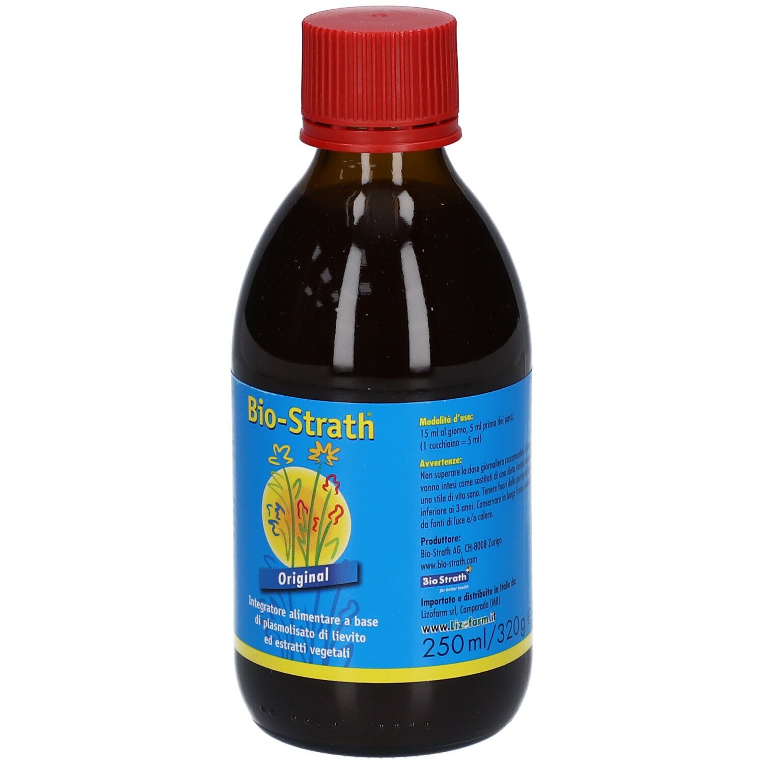 Bottiglia di vetro marrone con tappo rosso. Etichetta Bio-Strath, Original, 250 ml/320 g. Liquido visibile.