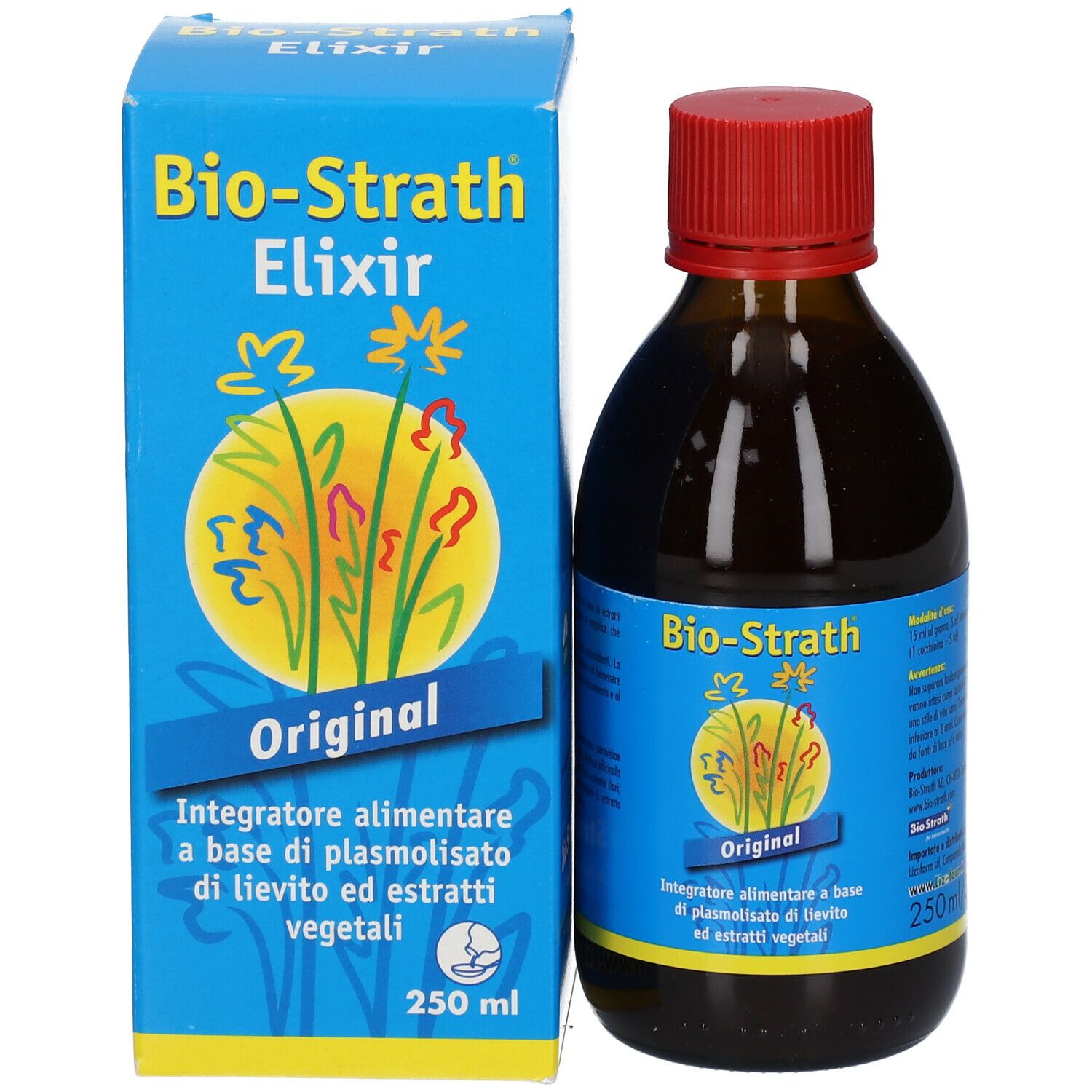 Flacone e confezione di Bio-Strath Elixir. Flacone marrone con tappo rosso, confezione blu. Scritta: Original.