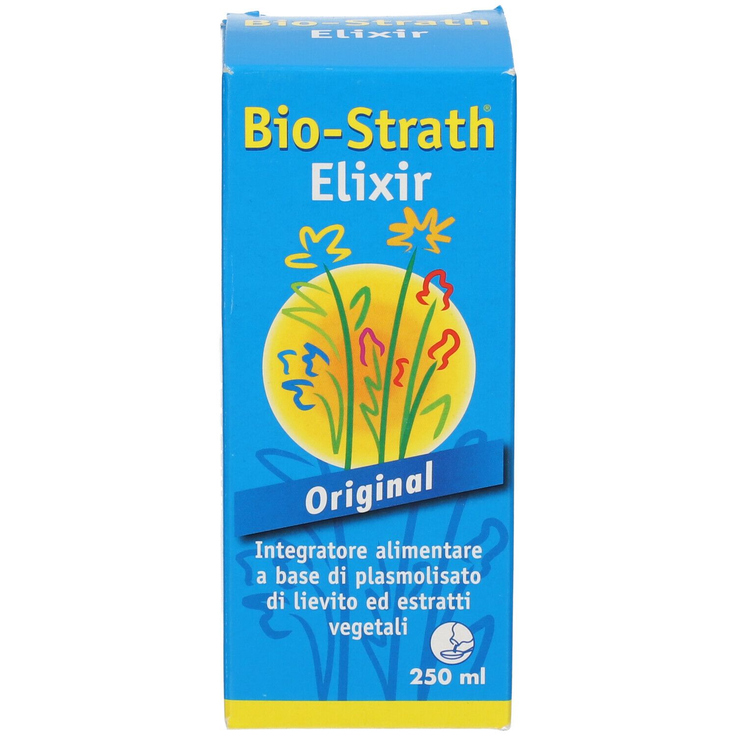 Confezione blu di Bio-Strath Elixir. Scritta: Original, 250 ml. Illustrazione di fiori.
