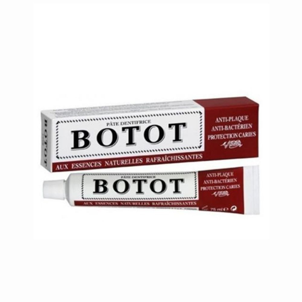 Tubo e scatola di dentifricio BOTOT. Anti-placca, antibatterico, protezione carie. Bianco, rosso e nero.