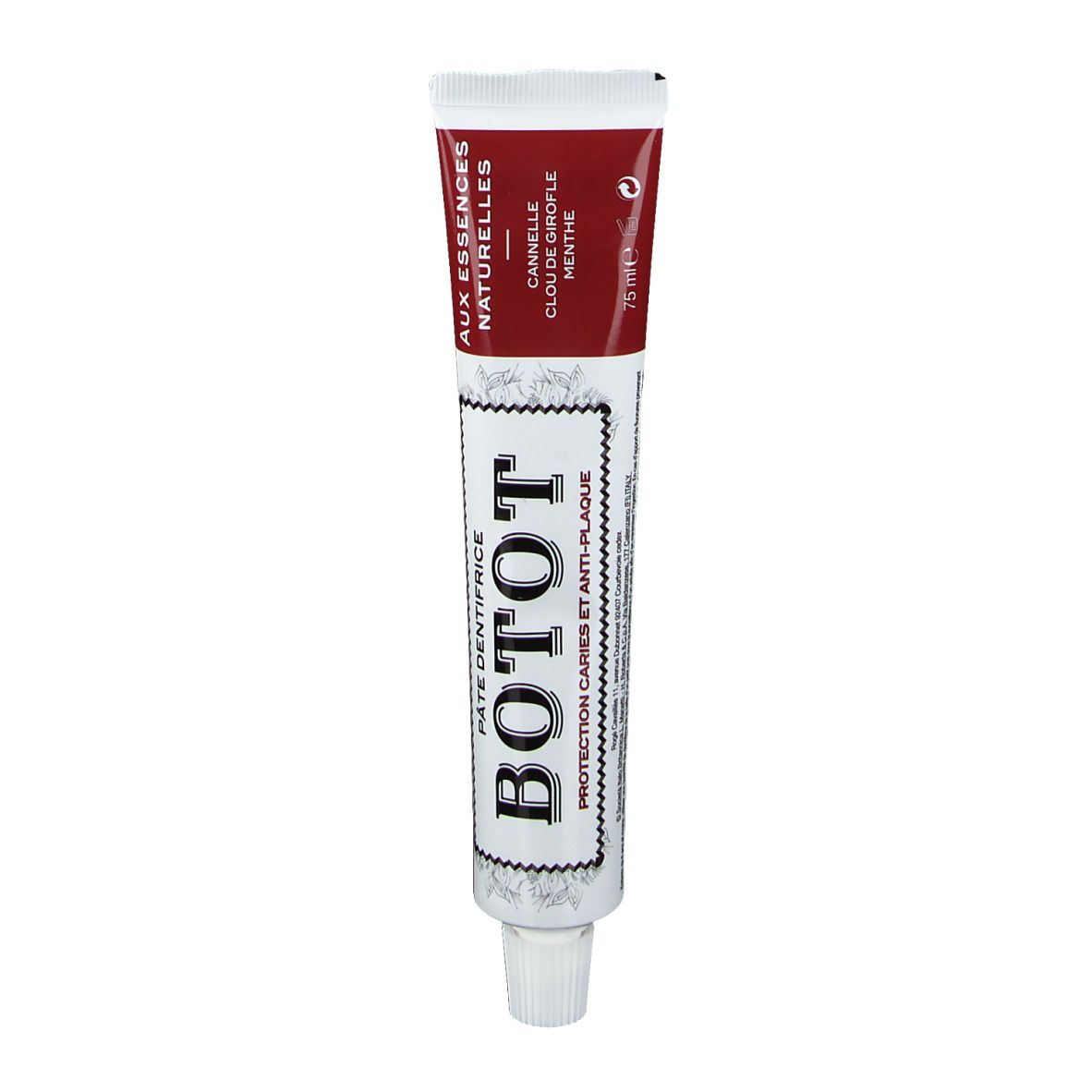 Tubo di dentifricio BOTOT. Scritta: Pasta Dentifricia. Aromi: Cannella, chiodo di garofano, menta. Bianco, rosso e nero.