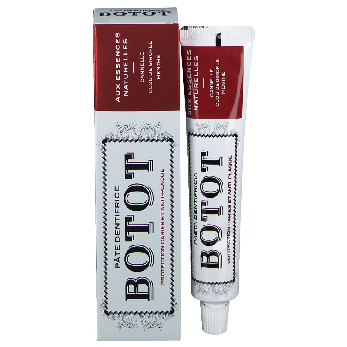 Tubo e scatola di dentifricio BOTOT. Scritta: Pasta Dentifricia. Aromi: Cannella, chiodo di garofano, menta. Bianco, rosso e nero.