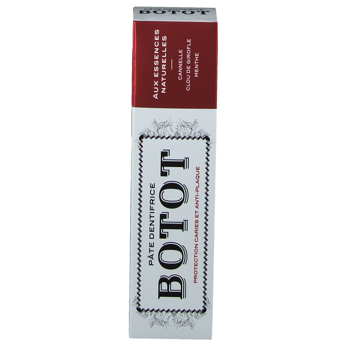 Scatola di dentifricio BOTOT. Scritta: Pasta Dentifricia. Aromi: Cannella, chiodo di garofano, menta. Bianco, rosso e nero.