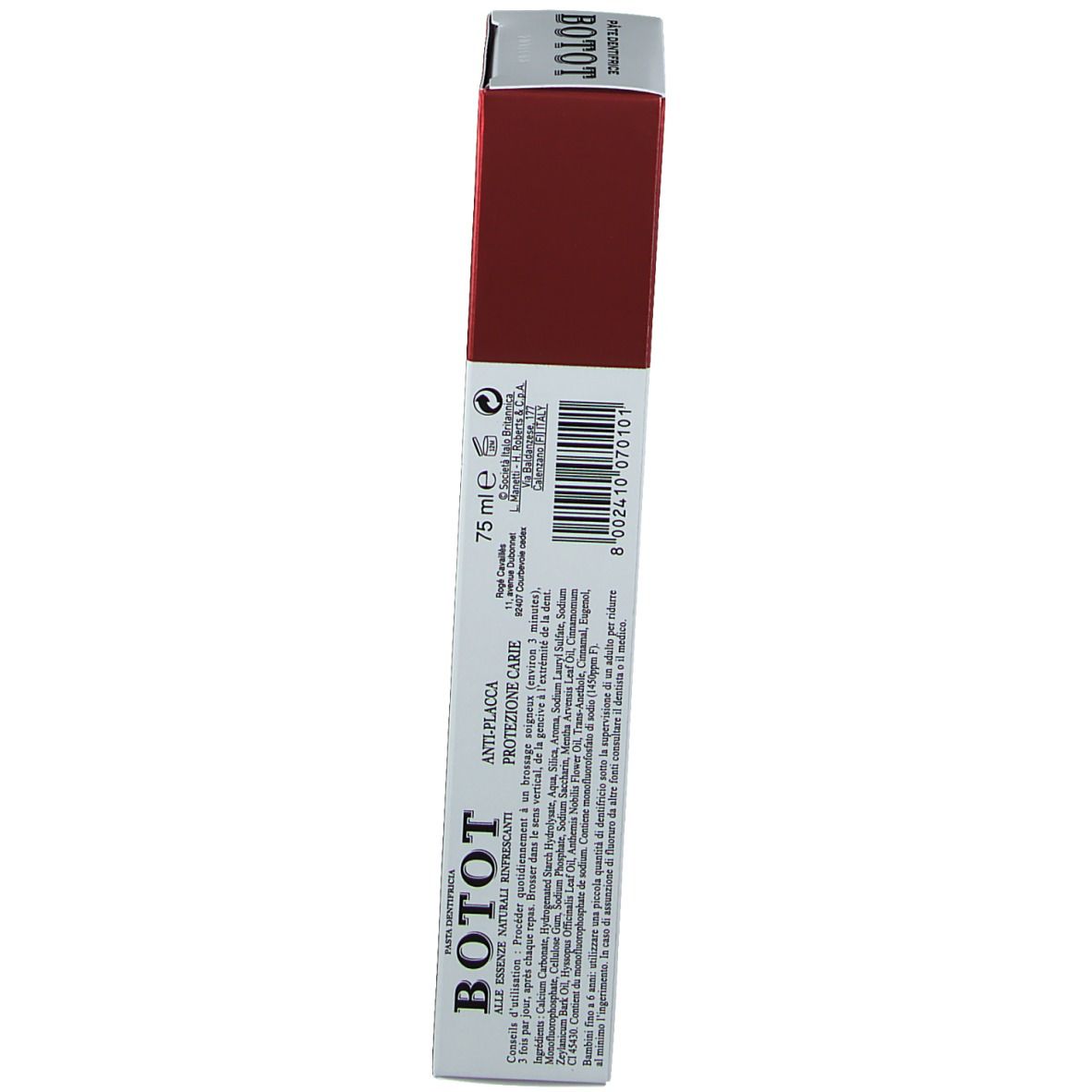Scatola di dentifricio BOTOT. Scritta: Anti-placca, protezione carie. Retro con testo e codice a barre. Bianco e rosso.