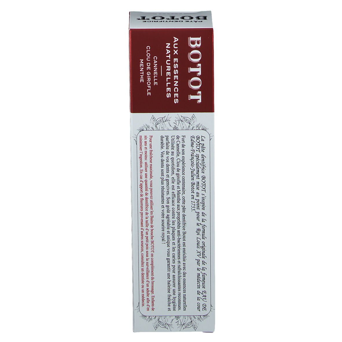 Scatola di dentifricio BOTOT. Testo in francese. Retro con testo. Bianco e rosso.