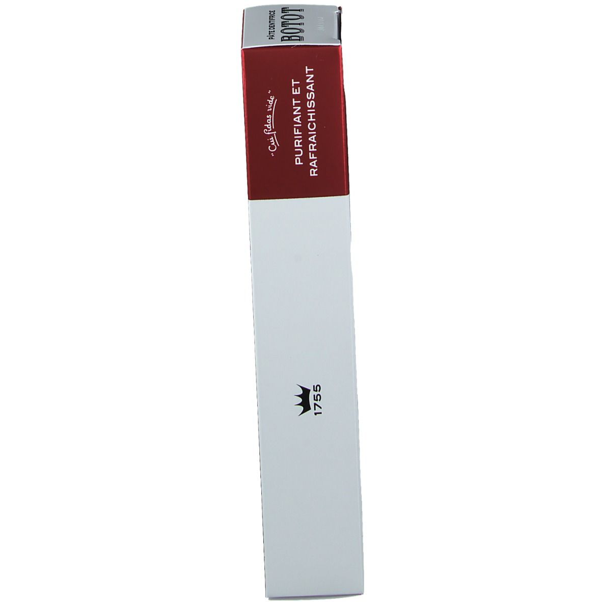 Scatola di dentifricio BOTOT. Scritta: Purificante e Rinfrescante. Bianco e rosso.